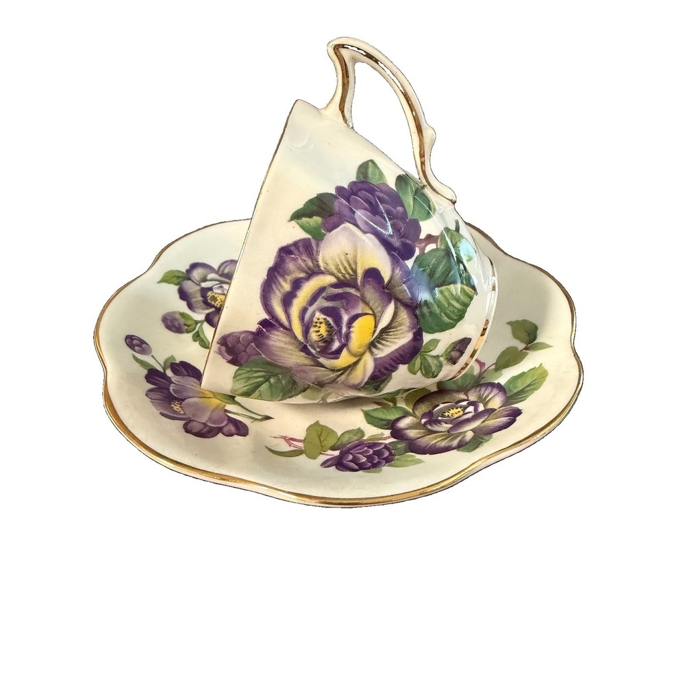 Vintage Rosina England Bone China Teacup Saucer Purple Floral Gold Trim